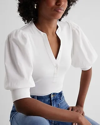 Ribbed V-Neck Poplin Puff Sleeve Henley Tee White Women's S