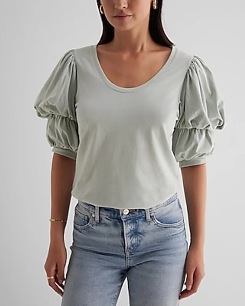 Skimming Scoop Neck Puff Sleeve Tee Gray Women's XS