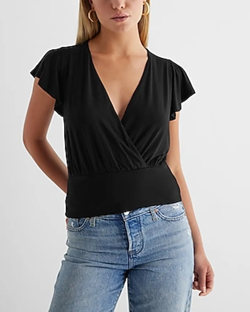 V-Neck Flutter Sleeve Wrap Banded Bottom Top Black Women's XL