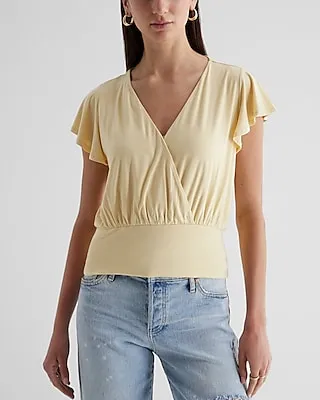 V-Neck Flutter Sleeve Wrap Banded Bottom Top Yellow Women's XS