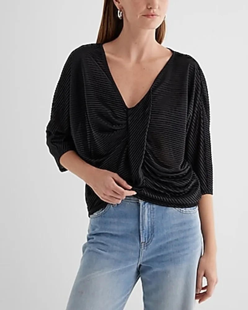 Skimming V-Neck Pleated Twist Front Draped Tee