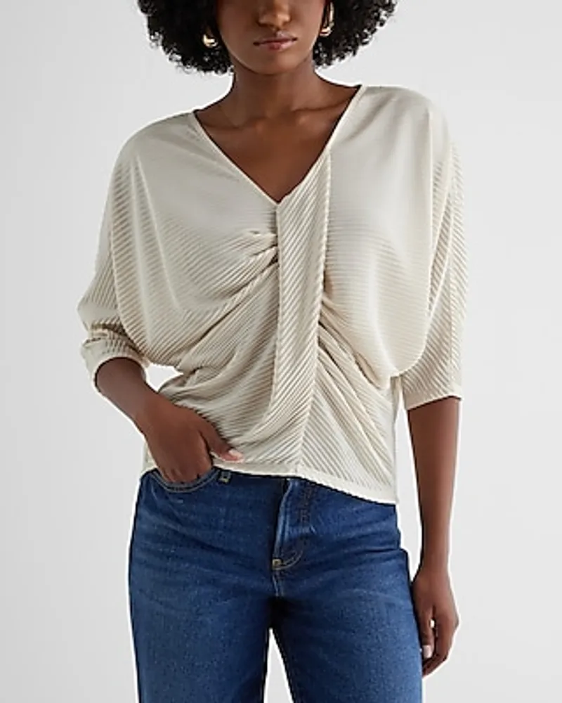 Skimming V-Neck Pleated Twist Front Draped Tee Neutral Women's