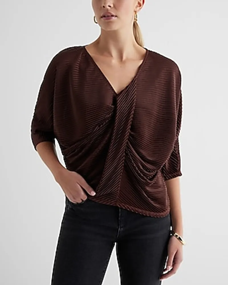 Skimming V-Neck Pleated Twist Front Draped Tee Brown Women's M