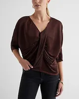 Skimming V-Neck Pleated Twist Front Draped Tee Brown Women's M