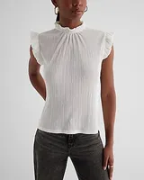 Ribbed Mock Neck Flutter Sleeve Top White Women's M