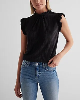 Ribbed Mock Neck Flutter Sleeve Top Black Women's XS