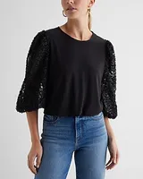 Skimming Textured Floral Puff Sleeve Tee Black Women's XS