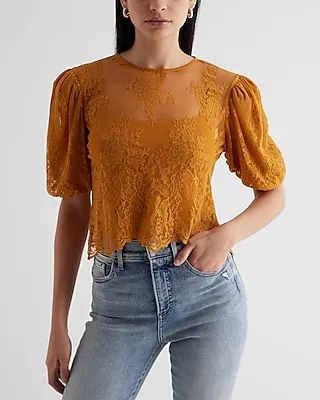 Skimming Lace Puff Sleeve Boxy Tee Yellow Women's S