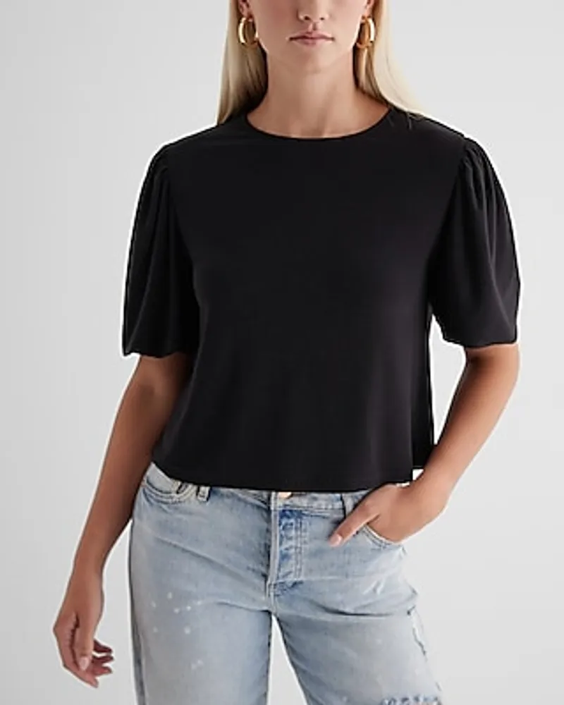 Skimming Crew Neck Puff Sleeve Boxy Tee Black Women's M