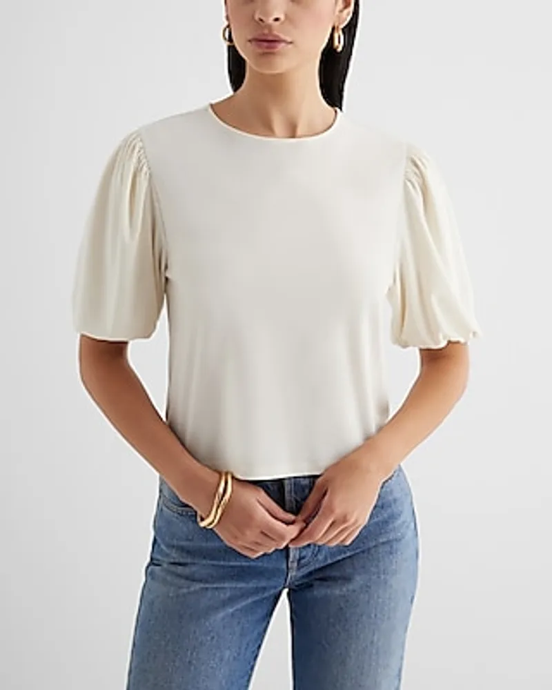 Skimming Crew Neck Puff Sleeve Boxy Tee White Women's S