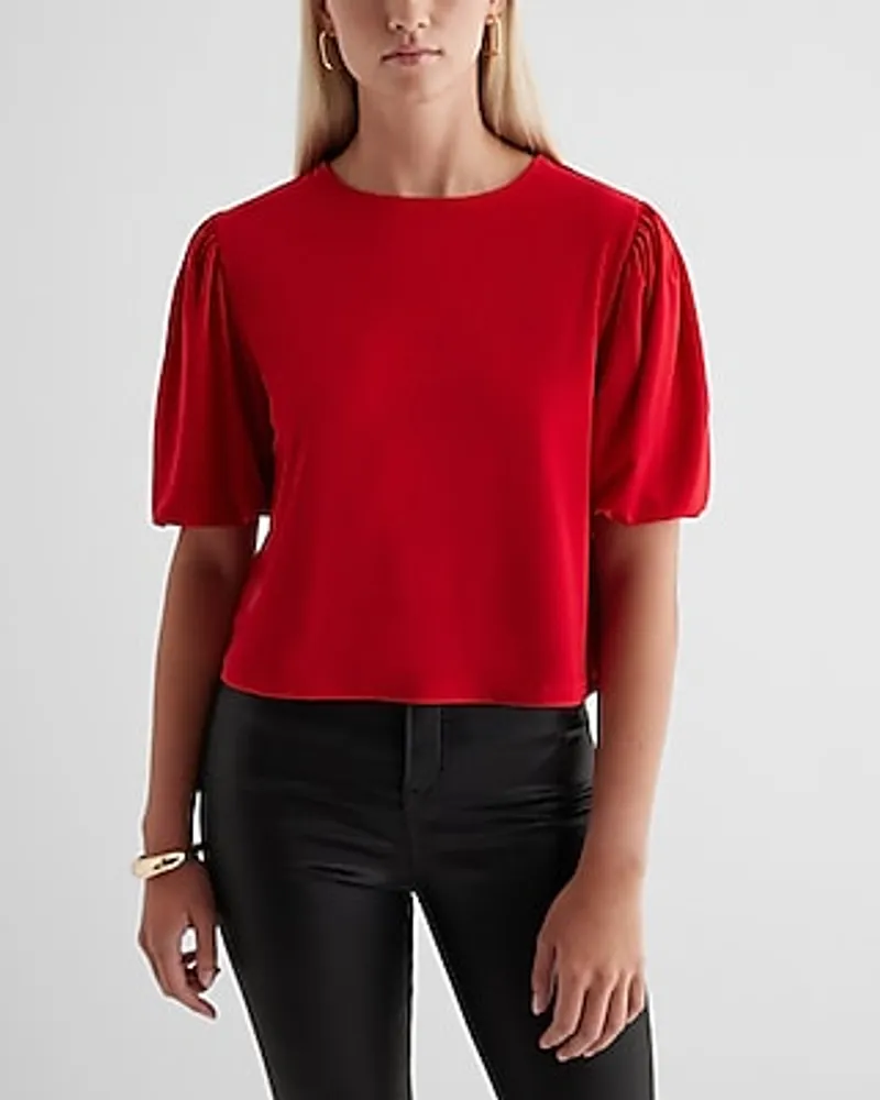 Skimming Crew Neck Puff Sleeve Boxy Tee Red Women's S