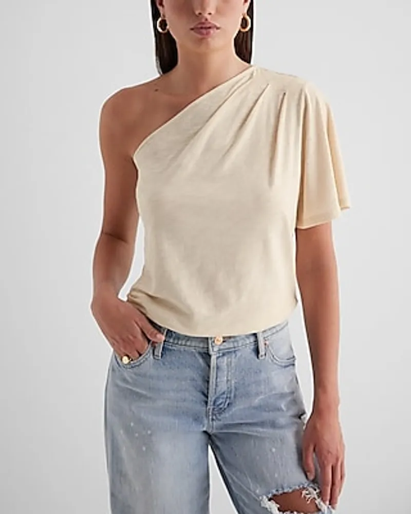 Skimming Pleated One Shoulder Tee Neutral Women's XL