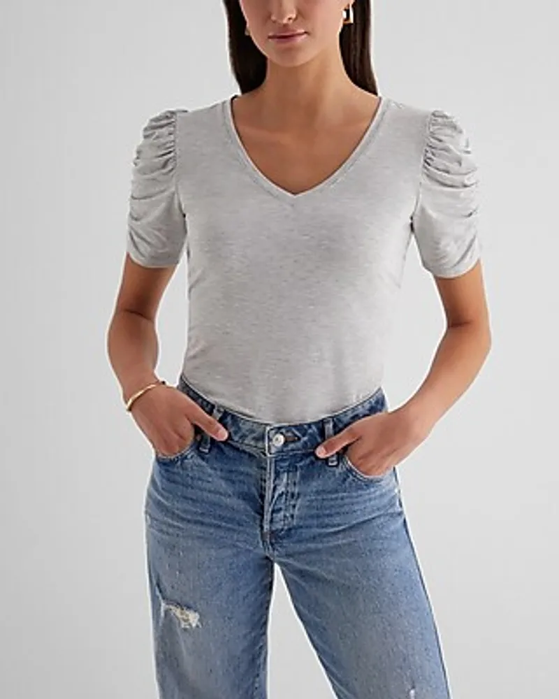 Supersoft Skimming V-Neck Puff Sleeve Tee Gray Women's