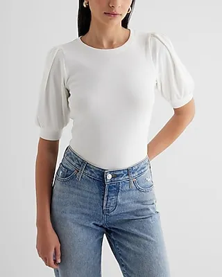 Fitted Ribbed Crew Neck Puff Sleeve Tee White Women's S