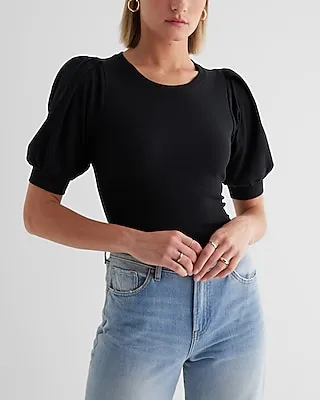 Fitted Ribbed Crew Neck Puff Sleeve Tee Women's