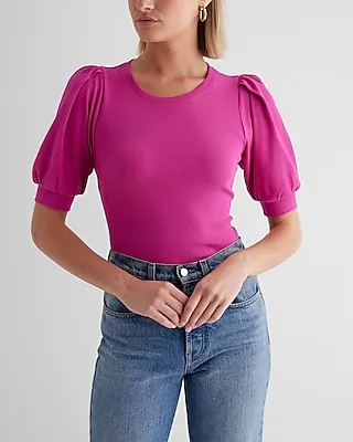 Fitted Ribbed Crew Neck Puff Sleeve Tee Women