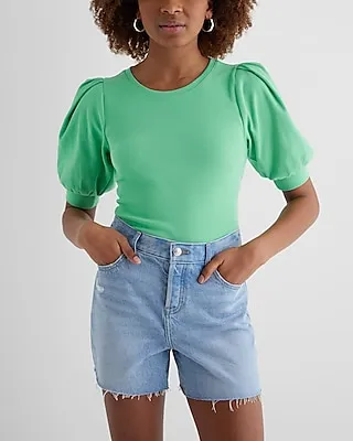 Fitted Ribbed Crew Neck Puff Sleeve Tee Women's