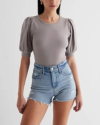 Fitted Ribbed Crew Neck Puff Sleeve Tee