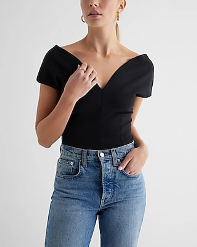 Fitted Ponte V-neck Puff Sleeve Bodysuit