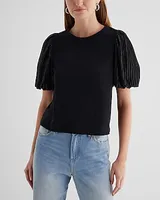 Skimming Crew Neck Pleated Puff Sleeve Tee Black Women's XS