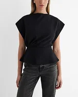 Crew Neck Short Sleeve Draped Peplum Top Black Women