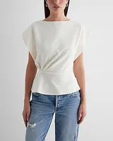 Crew Neck Short Sleeve Draped Peplum Top White Women's L