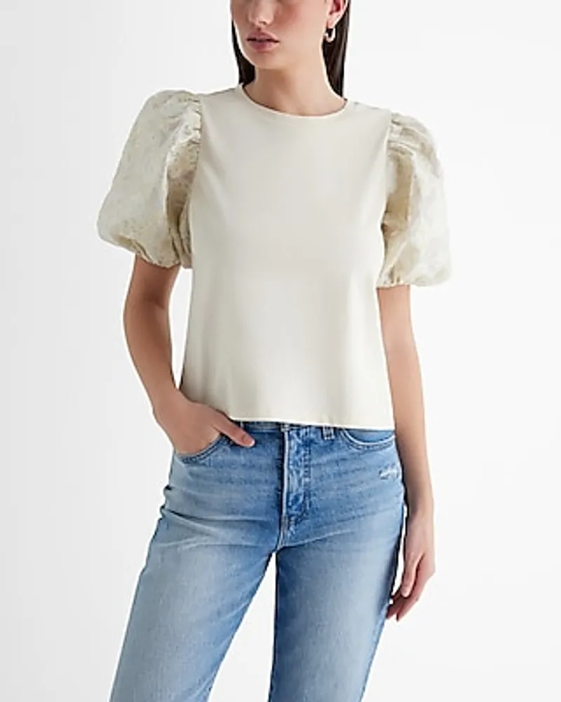 Skimming Metallic Crew Neck Jacquard Puff Sleeve Boxy Tee