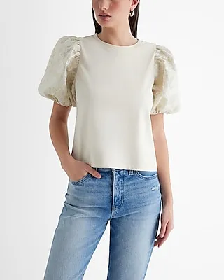 Skimming Metallic Crew Neck Jacquard Puff Sleeve Boxy Tee