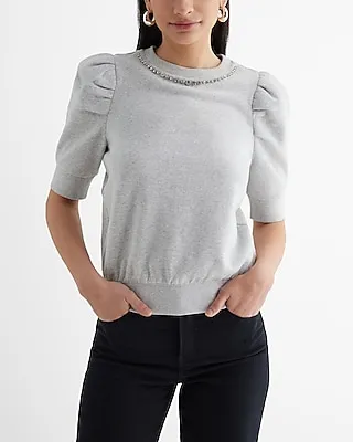 Embellished Rhinestone Crew Neck Short Puff Sleeve Fleece Sweatshirt Gray Women's XL