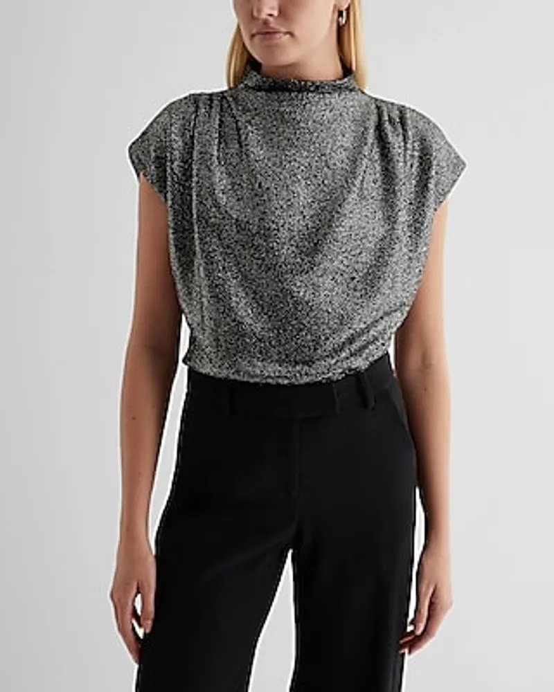 Skimming Shine Mock Neck Pleated Shoulder Bubble Top