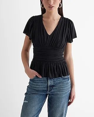 Skimming V-Neck Flutter Sleeve Ruched Peplum Top Women