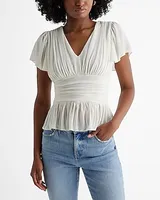 Skimming V-Neck Flutter Sleeve Ruched Peplum Top White Women's S