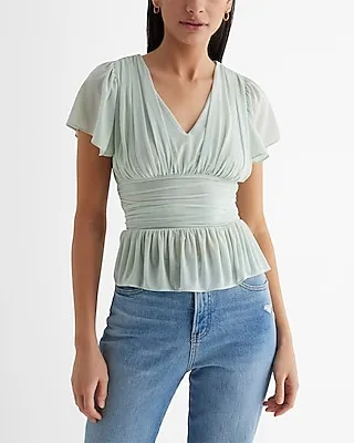 Skimming V-Neck Flutter Sleeve Ruched Peplum Top Green Women's S