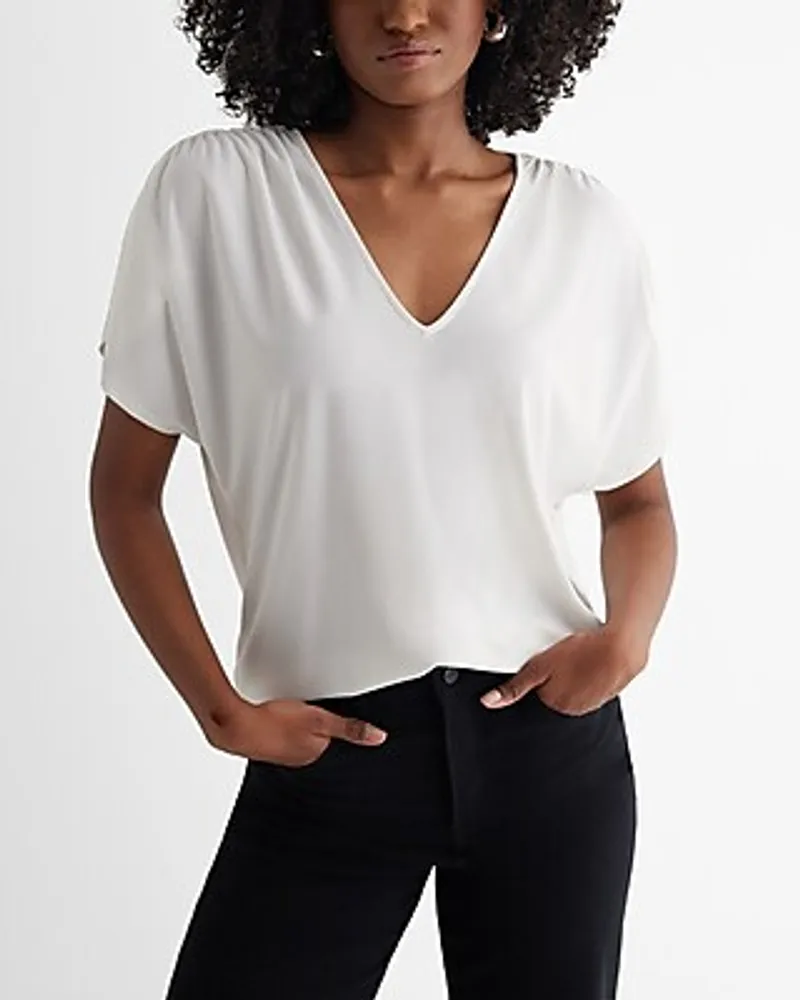 Skimming V-Neck Short Sleeve Pleated Shoulder Tee White Women's XL