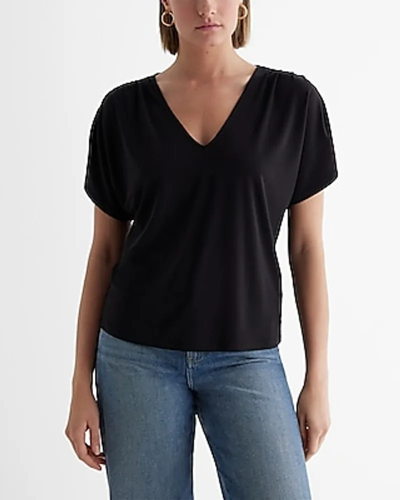 Skimming V-Neck Short Sleeve Pleated Shoulder Tee Women's