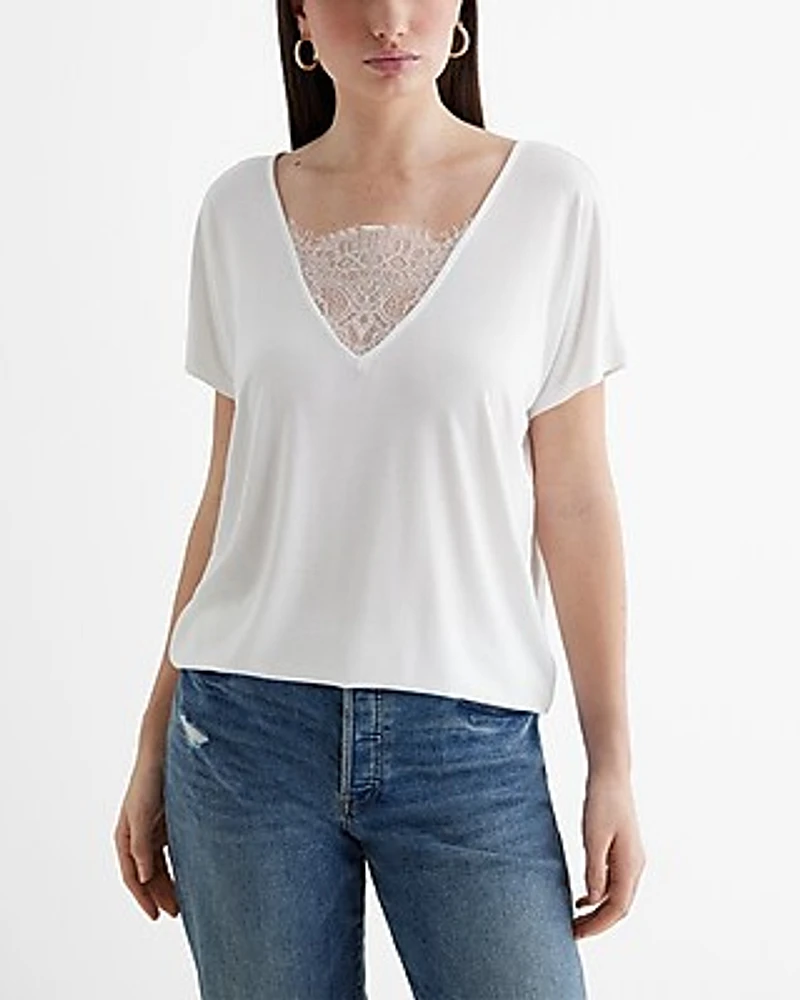 Lace Double V-Neck Short Sleeve London Tee White Women's M