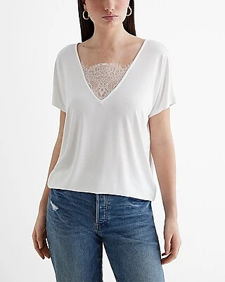 Lace Double V-Neck Short Sleeve London Tee White Women's M