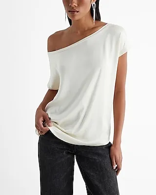 Satin Front Off The Shoulder Short Sleeve London Tee White Women's S