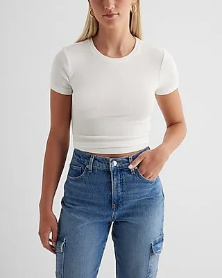 Supersoft Fitted Ribbed Crew Neck Crop Top White Women