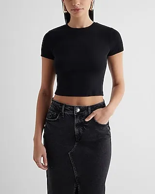 Supersoft Fitted Ribbed Crew Neck Crop Top Black Women's XS
