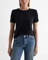 Crew Neck Short Sleeve Novelty Button Shoulder Tee Black Women's L