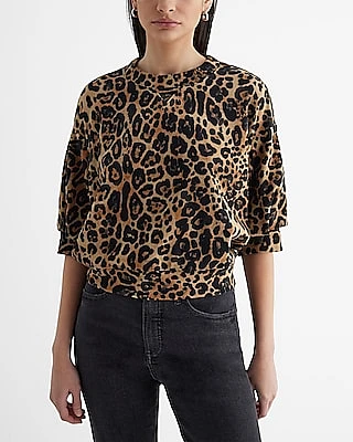 Leopard Print Crew Neck Puff Sleeve Sweatshirt Multi-Color Women's