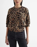 Leopard Print Crew Neck Puff Sleeve Sweatshirt