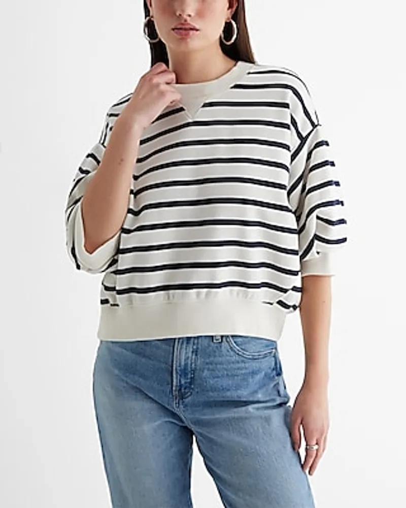 Striped Crew Neck Puff Sleeve Fleece Sweatshirt Blue Women's XL