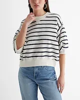 Striped Crew Neck Puff Sleeve Fleece Sweatshirt Blue Women's L