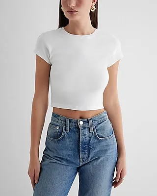 Fitted Ribbed Crew Neck Cap Sleeve Crop Top White Women's L