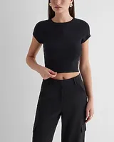 Fitted Ribbed Crew Neck Cap Sleeve Crop Top Black Women's XL