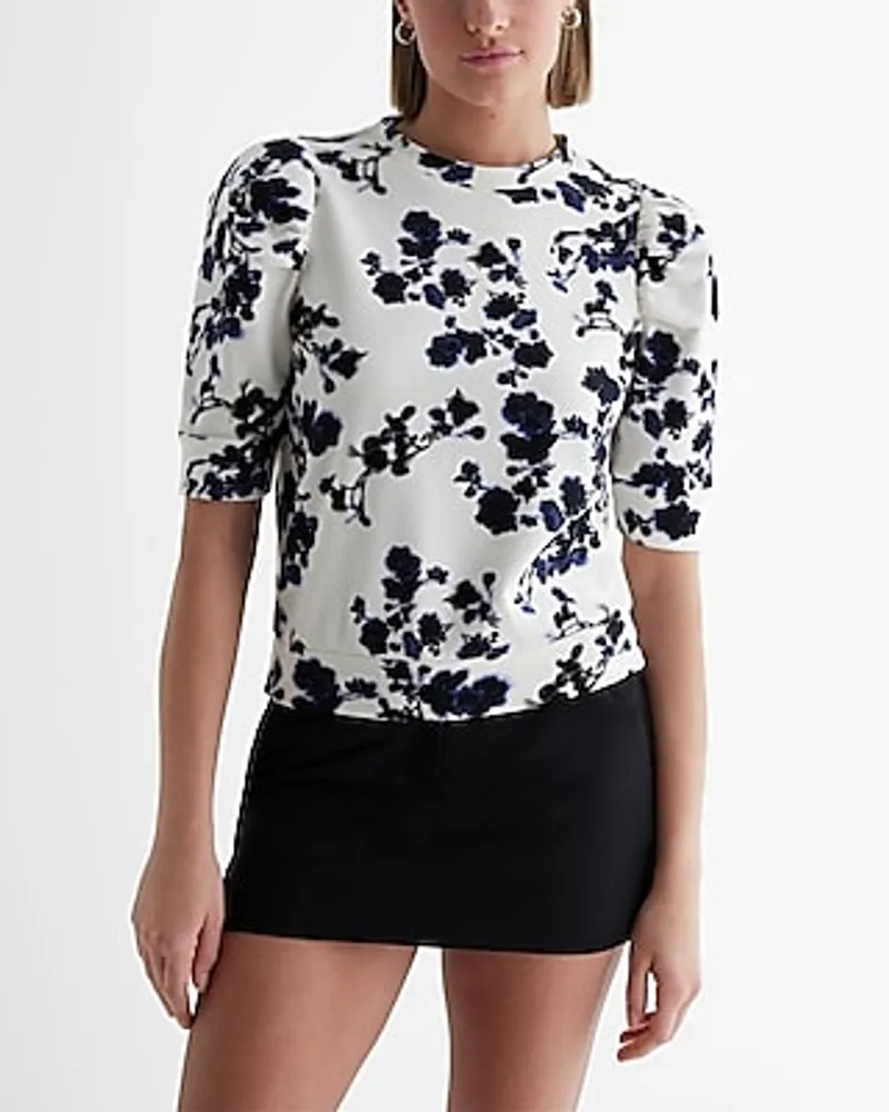 Floral Crew Neck Short Puff Sleeve Fleece Sweatshirt