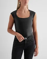 Body Contour Faux Leather Scoop Neck Cap Sleeve Bodysuit Black Women's S