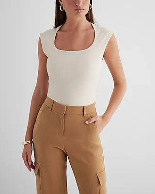 Body Contour Faux Leather Scoop Neck Cap Sleeve Bodysuit Neutral Women's